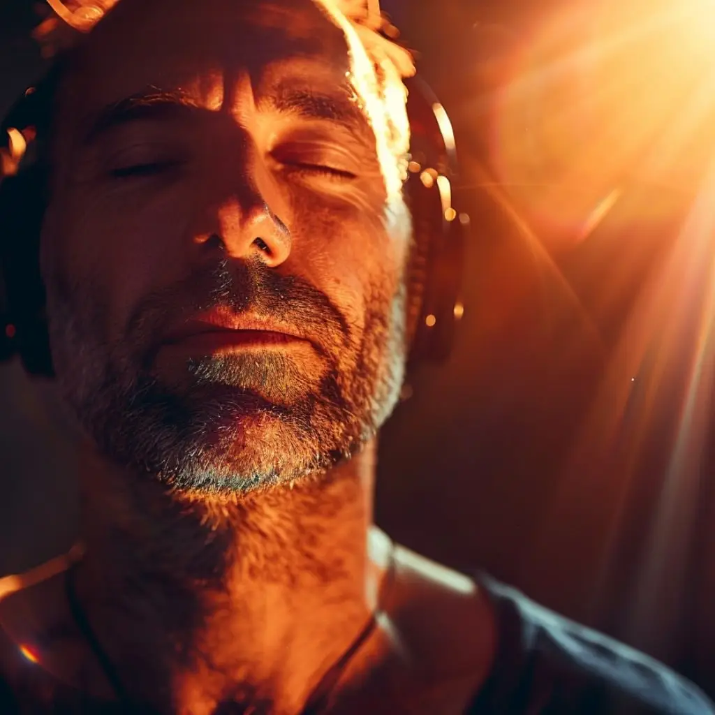 Mann orange gluecklich